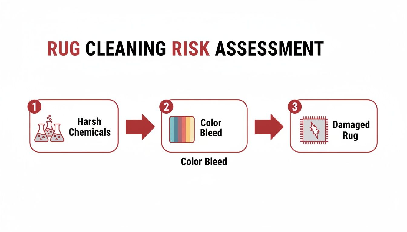 Flowchart showing rug cleaning risk: harsh chemicals lead to color bleed and a damaged rug.