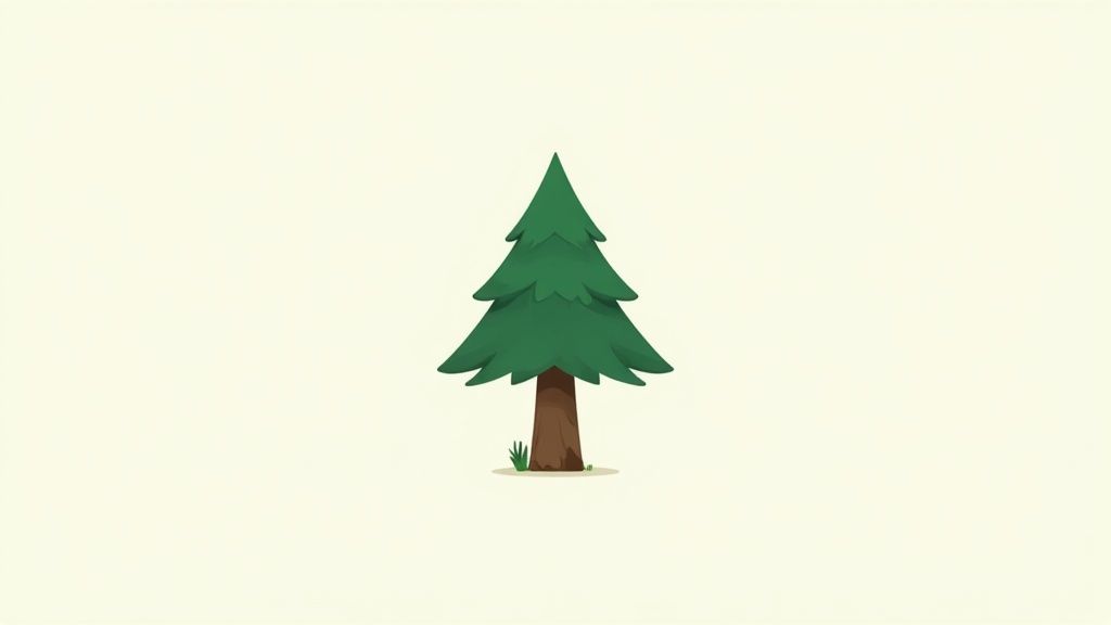 A simple, cartoon-style green pine tree with a brown trunk stands alone on a light background.