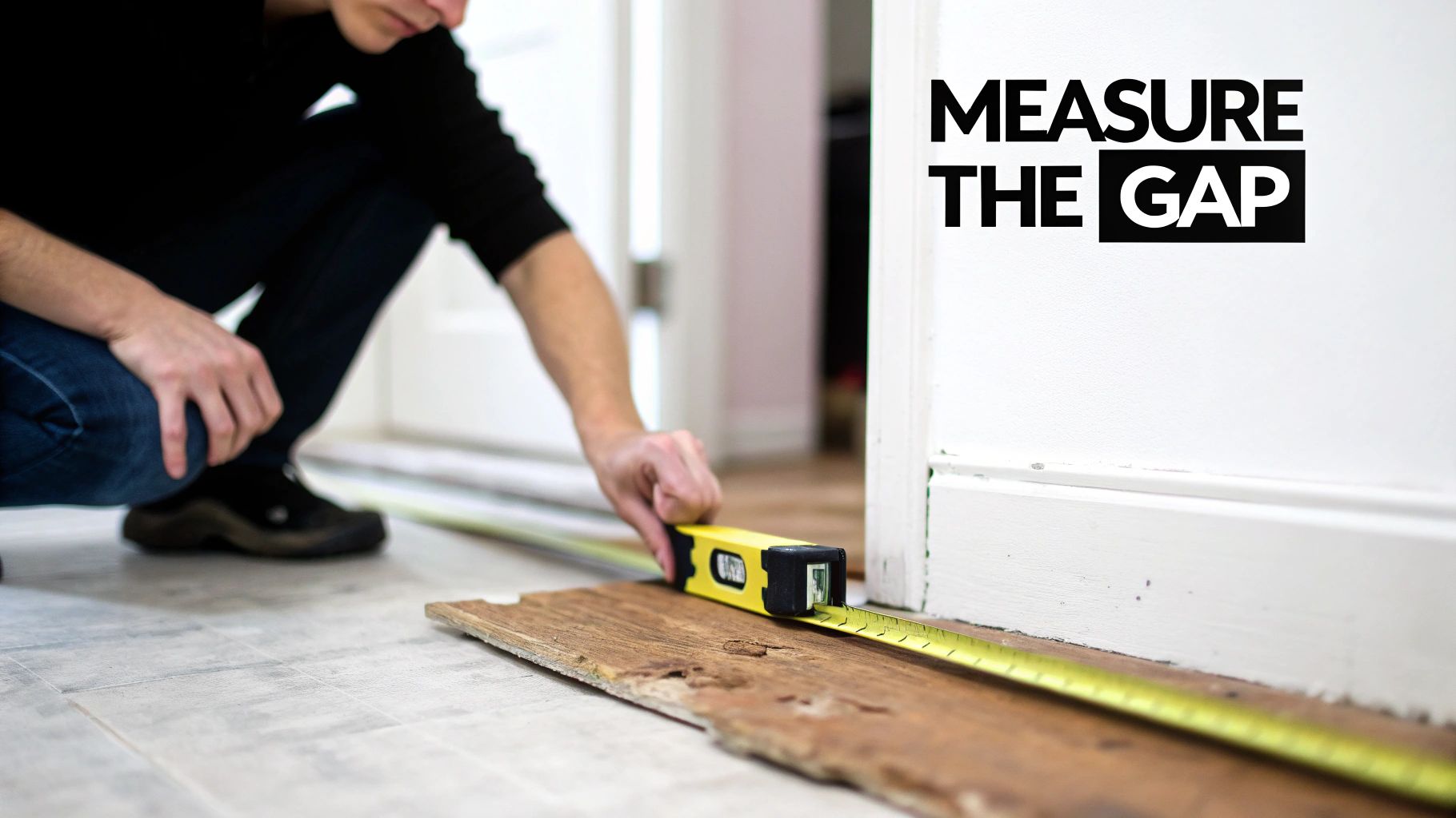 A person measures a wooden plank on a tiled floor using a tape measure and level. Text 'MEASURE THE GAP' on the wall.