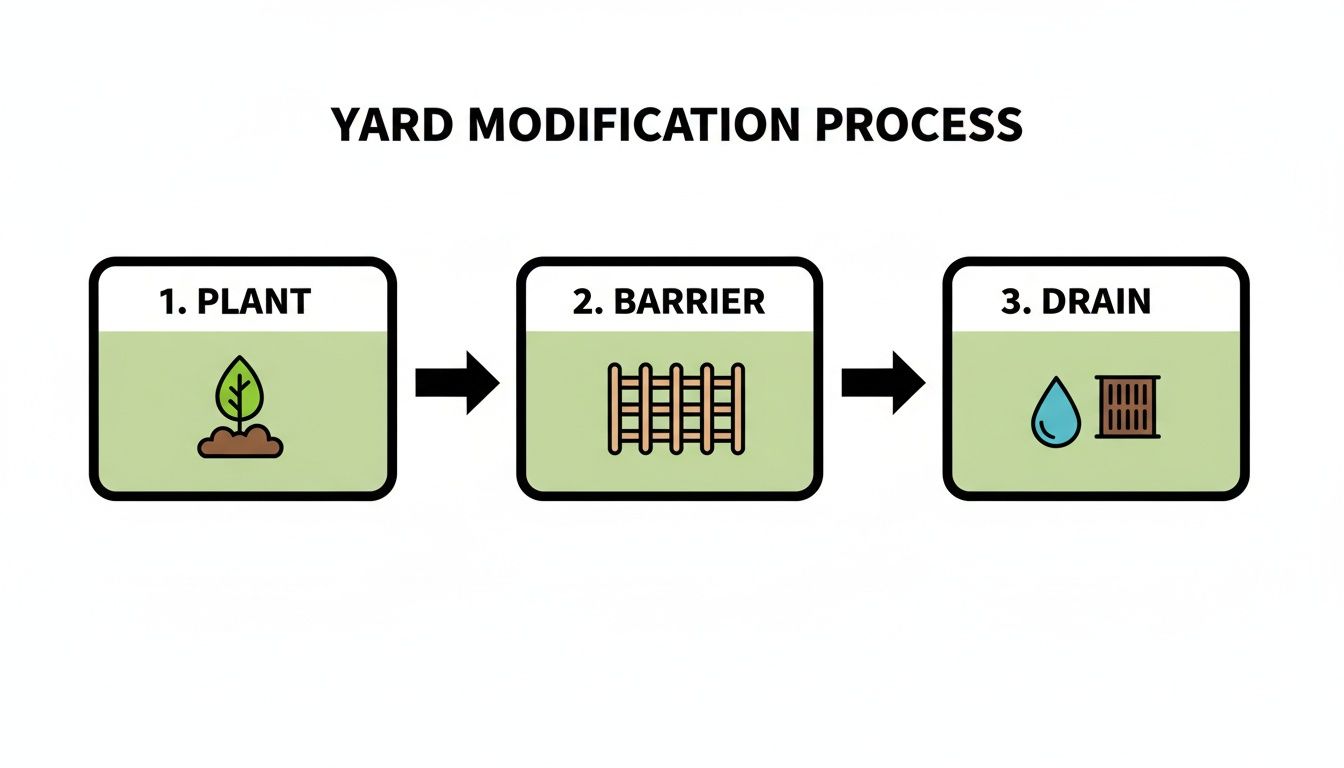 Flowchart illustrating a three-step yard modification process: Plant, Barrier, and Drain.
