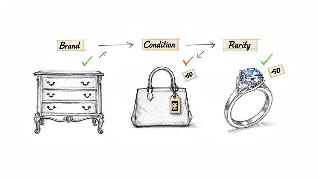 Diagram illustrating factors that determine item value: brand, condition, and rarity, with examples.