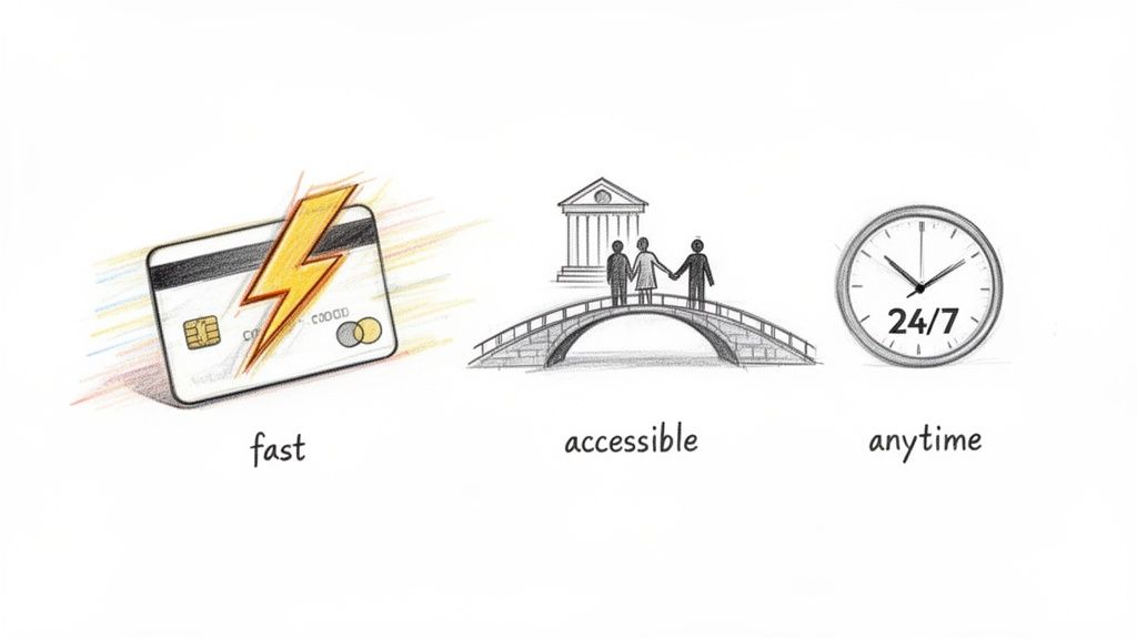 An illustration showing a credit card with a lightning bolt, people on a bridge to a building, and a 24/7 clock, representing fast, accessible, and anytime services.