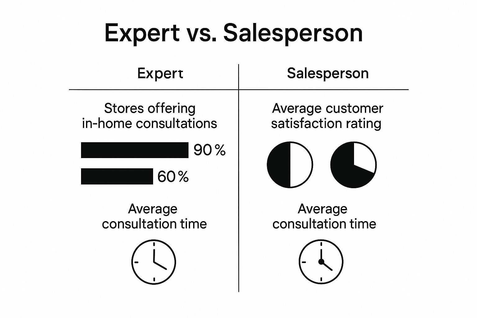 Infographic comparing an 'Expert' vs. a 'Salesperson' on metrics like in-home consultations, customer satisfaction, and consultation time.