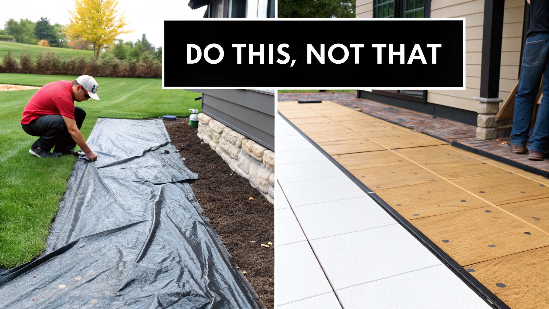 A "Do This, Not That" comparison featuring outdoor underlayment installation for modern patio tiles.