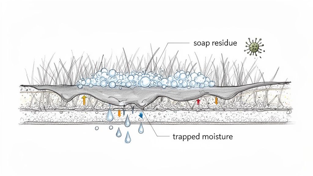 Cross-section of artificial turf illustrating trapped moisture beneath soap residue, grass fibers, and a virus.