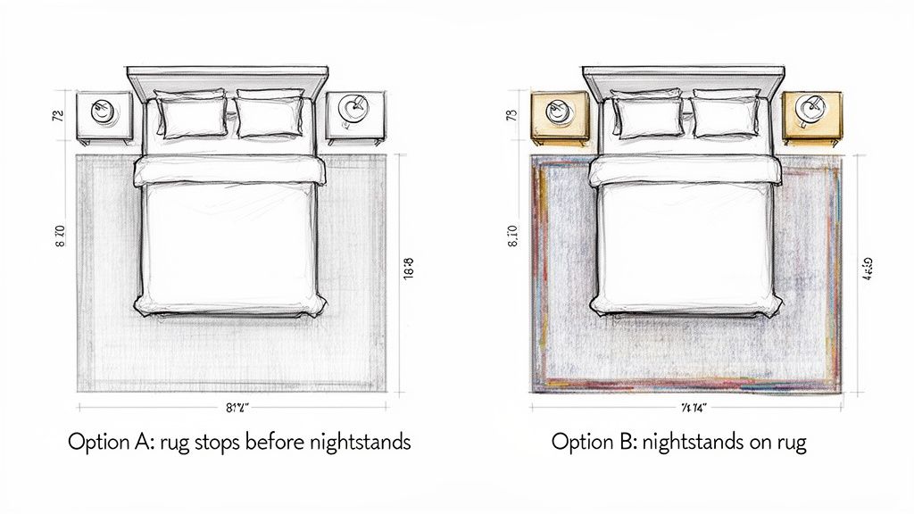 Two bedroom rug placement options for different sizes, one with rug stopping before nightstands, the other with nightstands on rug.