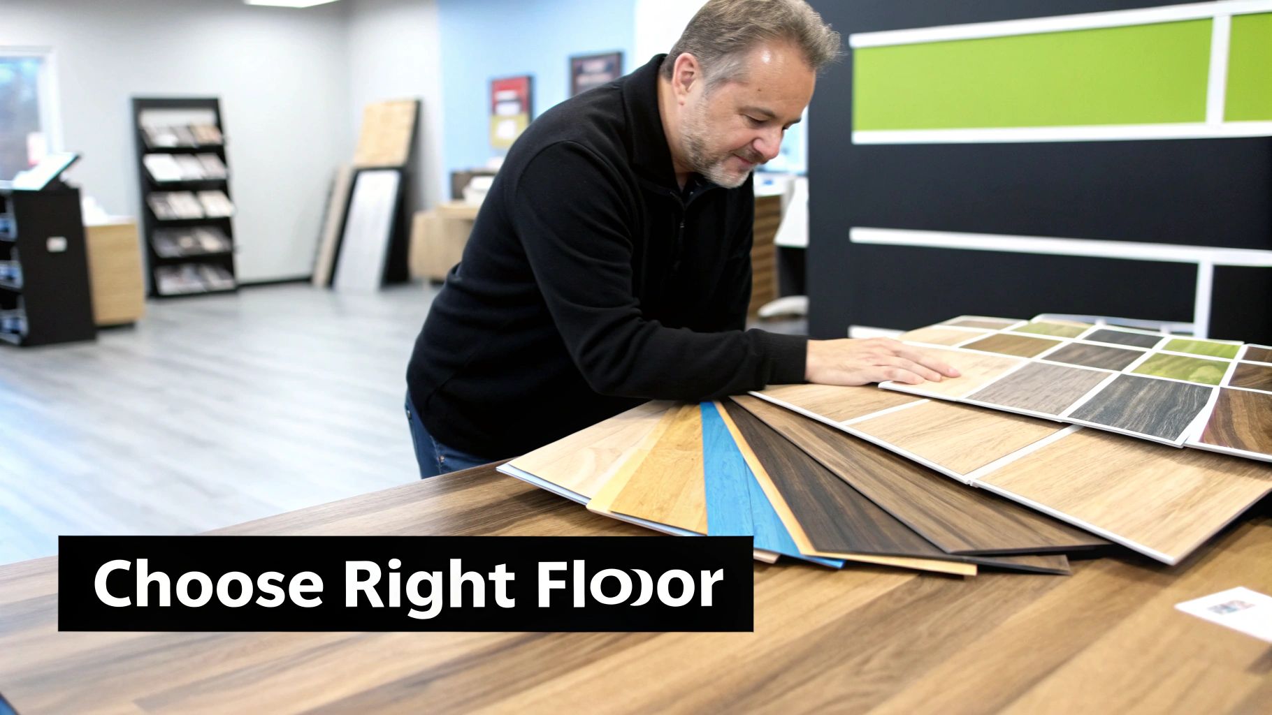 A person browsing a selection of vinyl flooring samples in a showroom