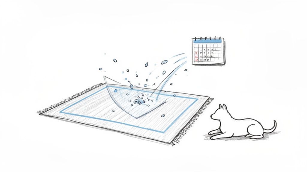An illustration showing water splashing from a carpet near a dog and a calendar, representing cleaning.
