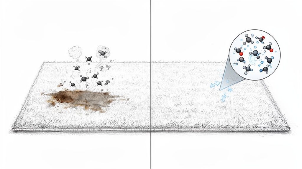 Illustration showing a dirty carpet with rising odor molecules on the left, and a clean carpet with neutralized molecules on the right.
