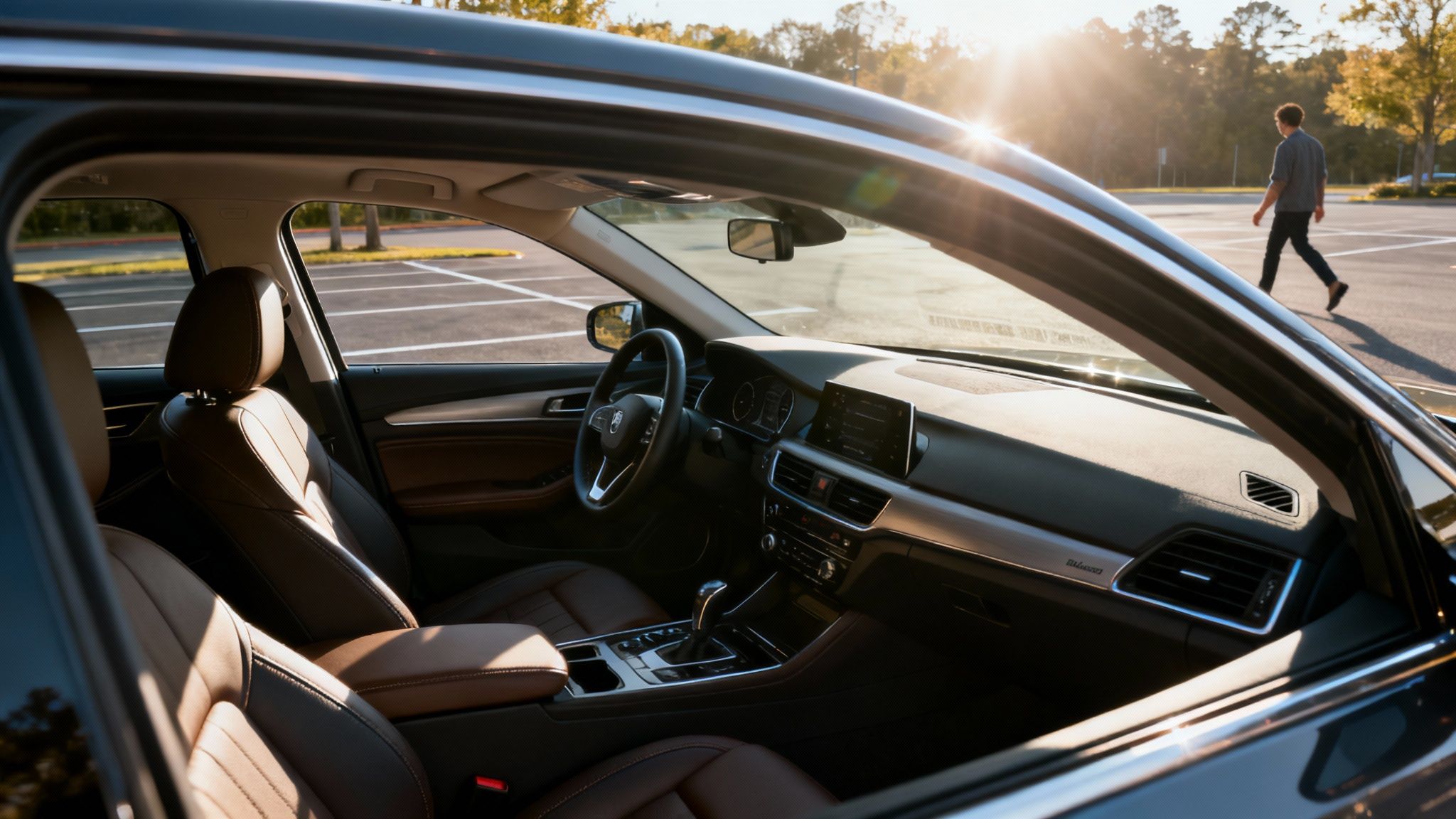 View of a car interior with brown leather seats and dashboard, parked in a sunny lot with a person walking.