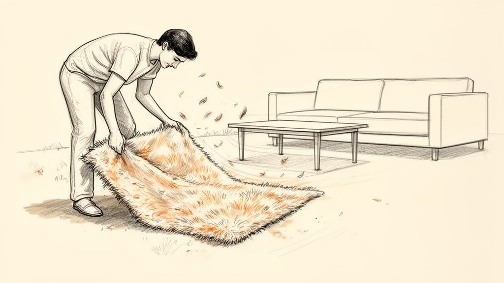 A person vigorously shakes a faux fur rug indoors, releasing dust and debris, with a sofa and coffee table in the background.