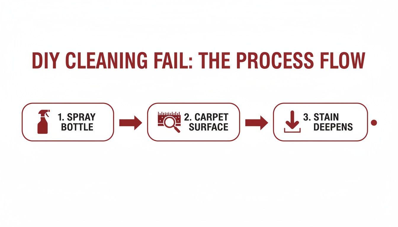 A flowchart titled 'DIY CLEANING FAIL' shows three steps: spray bottle, carpet surface, and stain deepens.