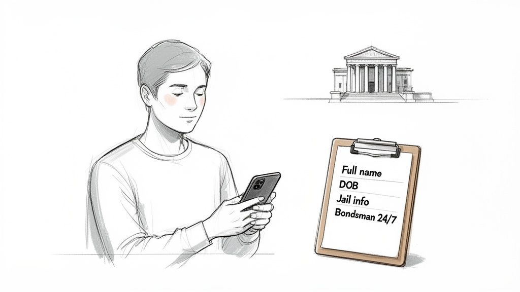 A person using a smartphone to research jail information, with a courthouse and a clipboard visible.