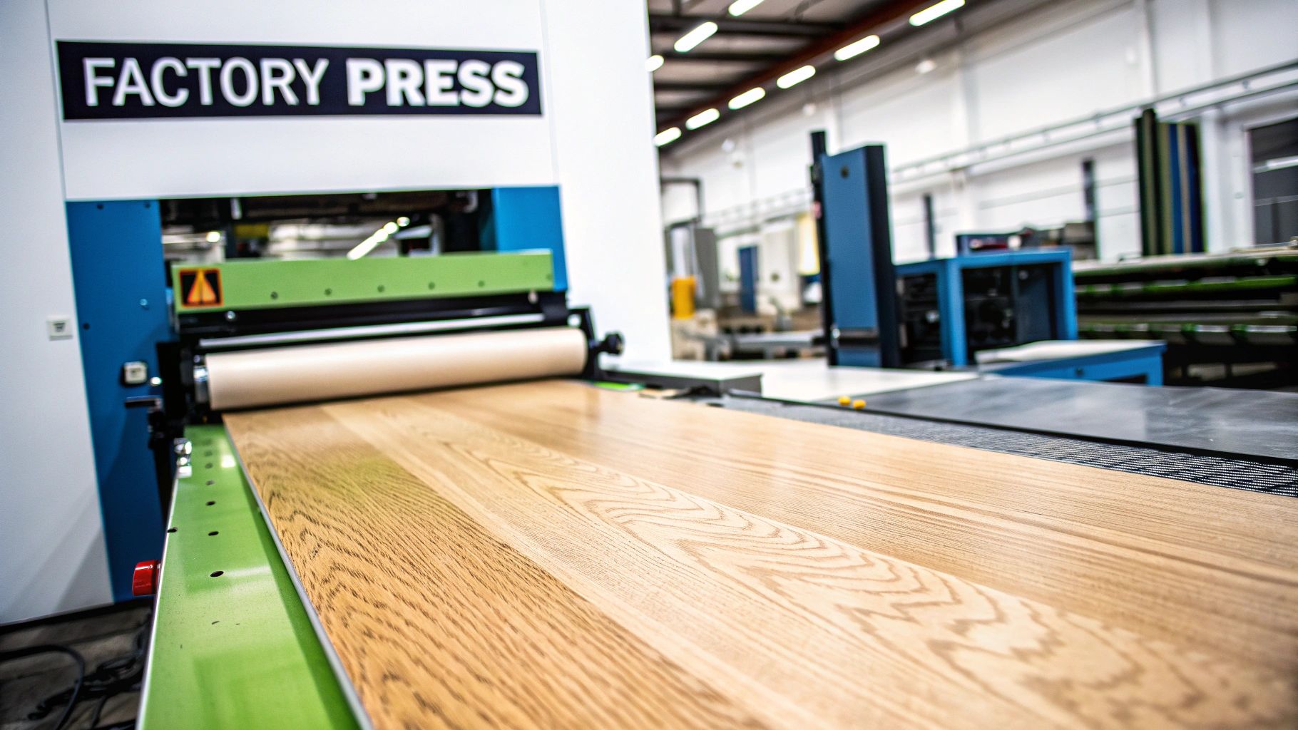 A large industrial machine labeled 'FACTORY PRESS' processes a wood-grain laminate panel.