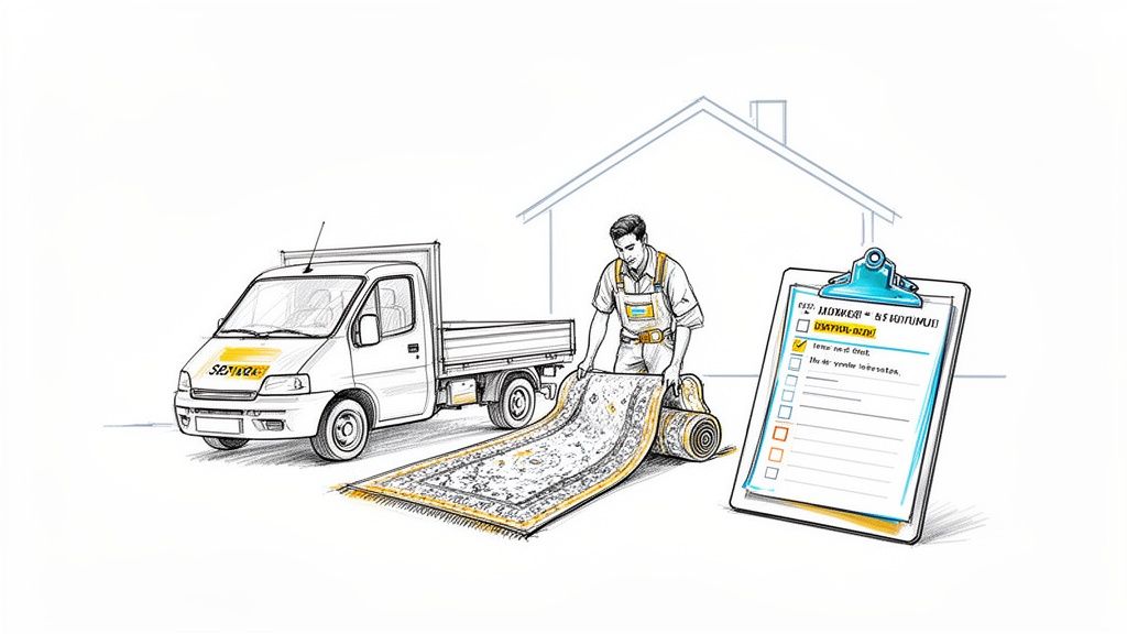 Illustration of a man unrolling a patterned area rug next to a service pickup truck and checklist.