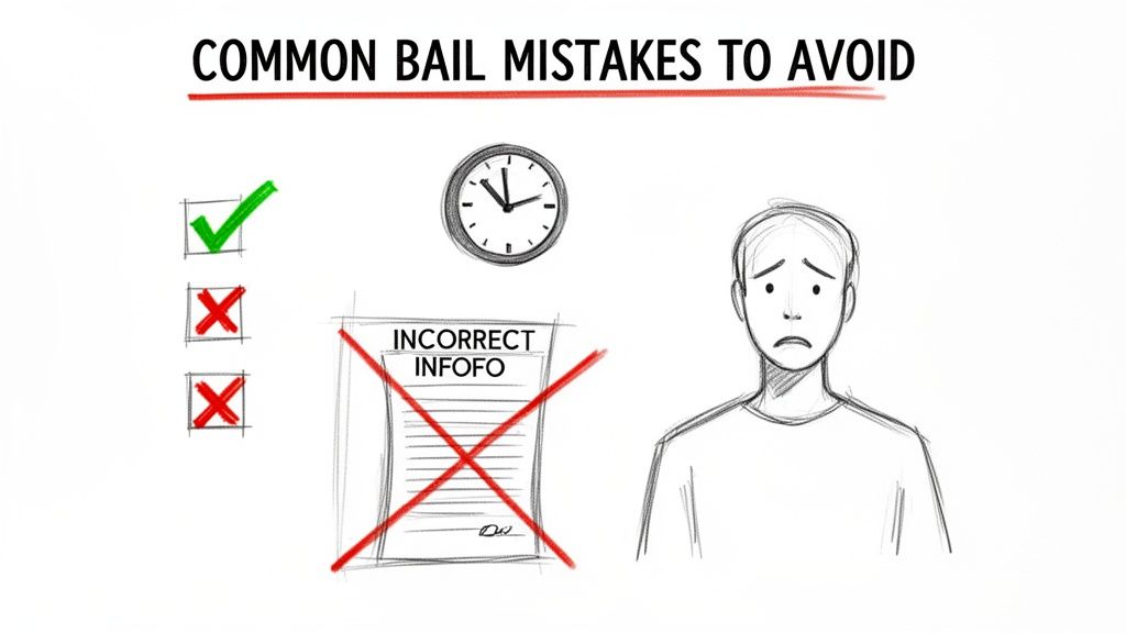 A whiteboard drawing illustrating common bail mistakes to avoid, with a checklist, clock, incorrect document, and a worried person.