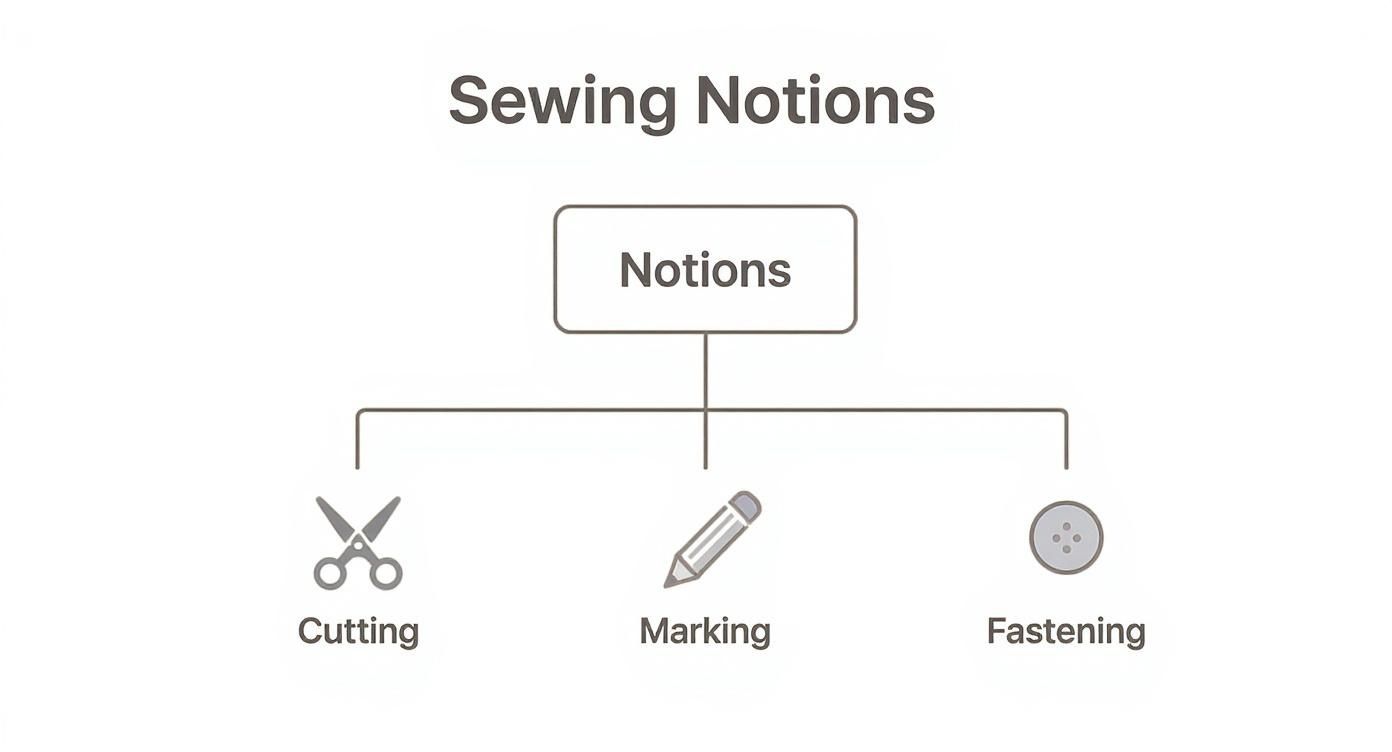 A diagram categorizing sewing notions into cutting, marking, and fastening, each with a relevant icon.