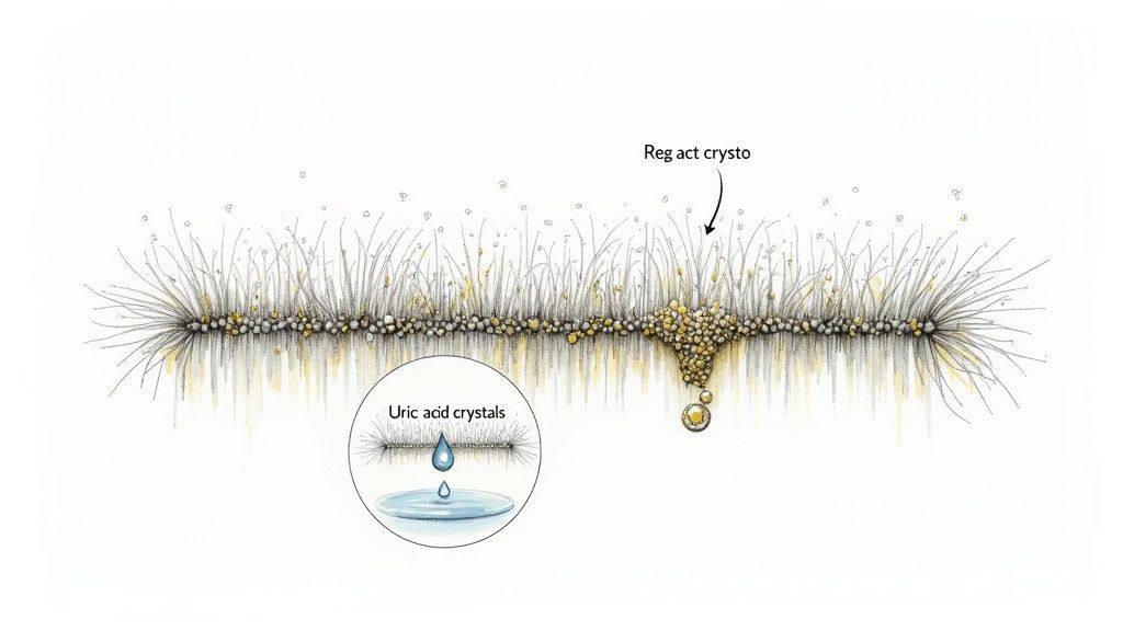 Illustration of uric acid crystals forming brush-like structures with spherical deposits and a liquid droplet.