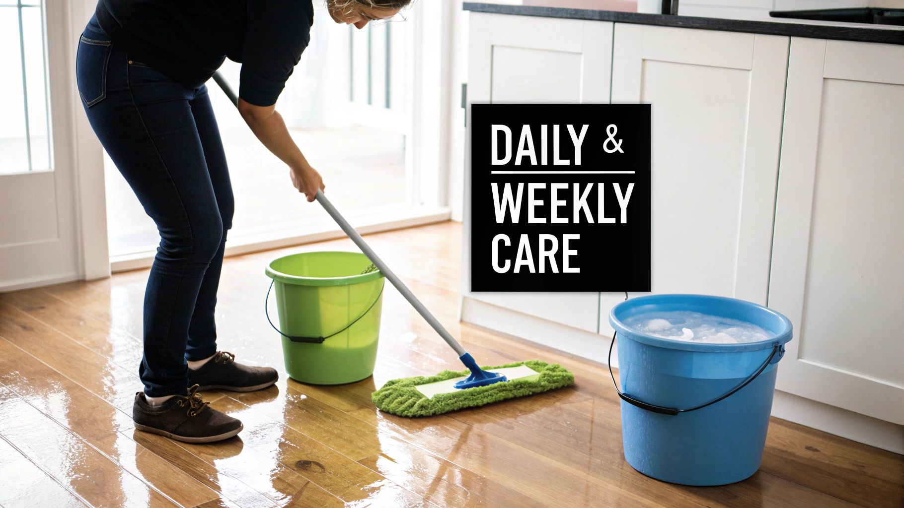 A person mops a wet, shiny wooden floor with a green microfiber mop and two buckets.