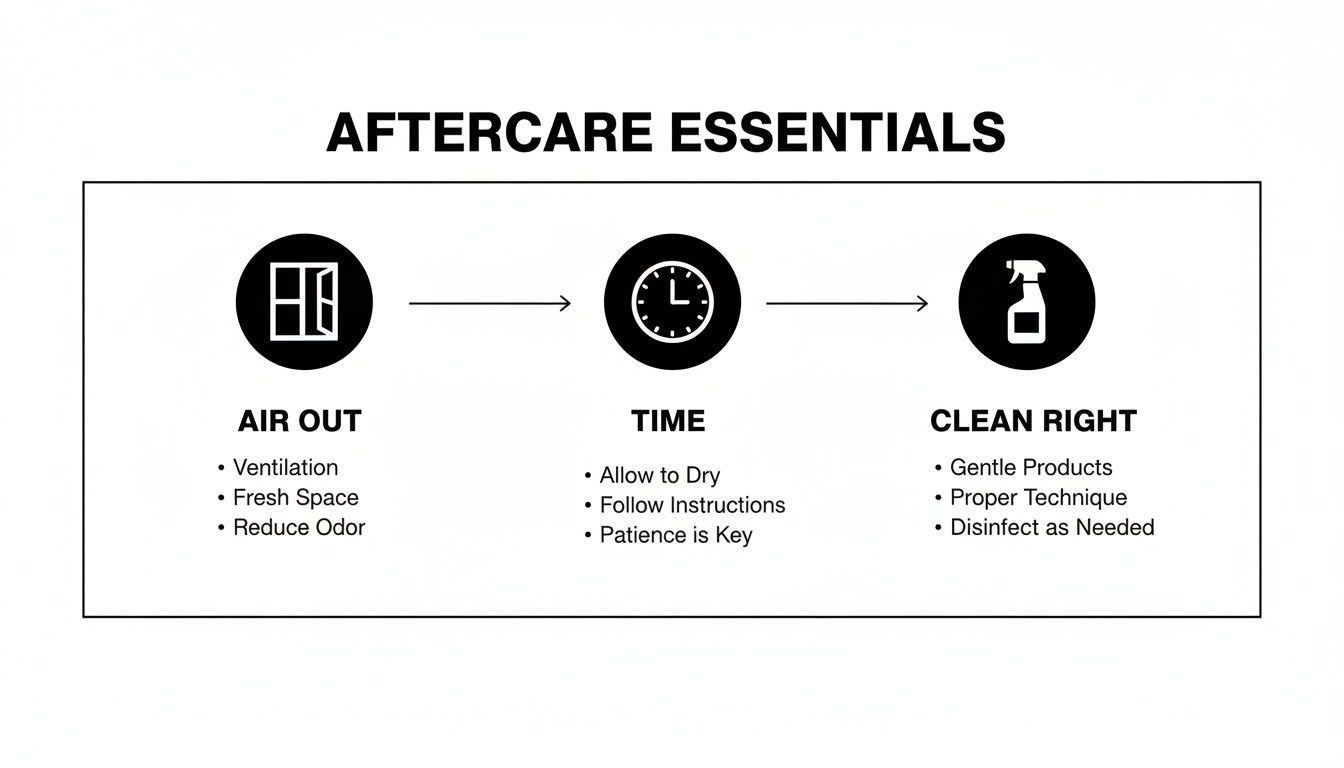 Infographic illustrating three aftercare essentials: air out, allowing time to dry, and cleaning right.