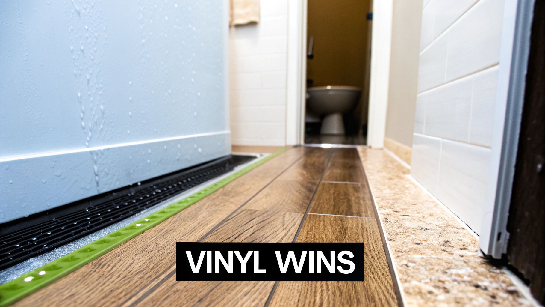 Close-up of light-colored luxury vinyl plank flooring in a bathroom setting.