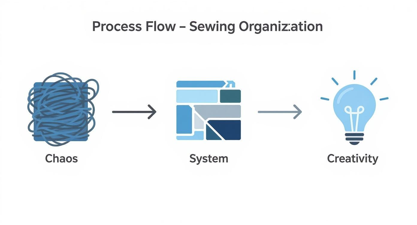 A diagram showing chaotic tangled thread transforming into an organized system, leading to a bright lightbulb representing creativity in sewing.