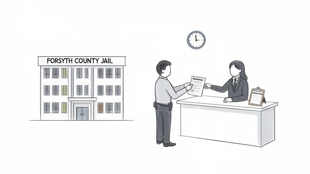 A person in uniform hands bond documents to a clerk at a counter near the Forsyth County Jail.