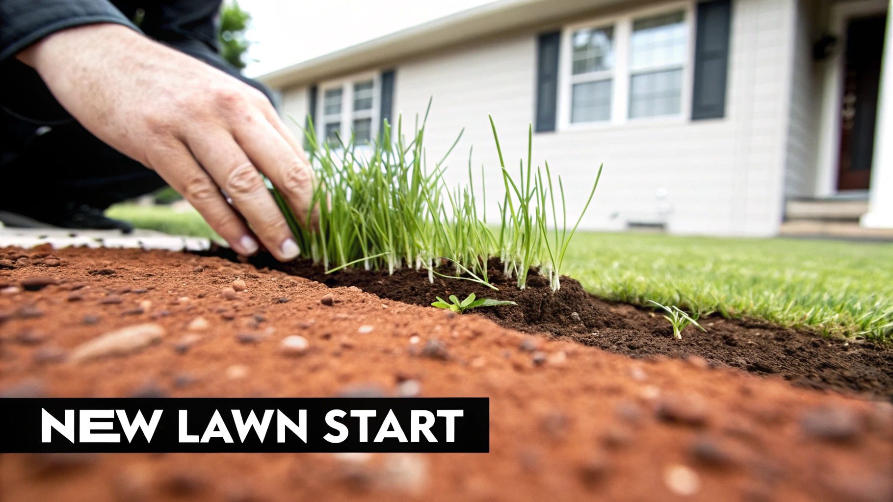 Close-up of a person planting young green grass seedlings into fresh soil, starting a new lawn.