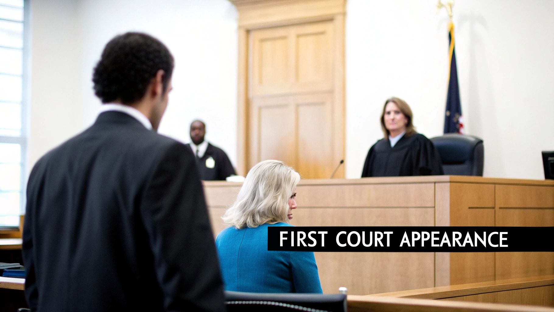 A judge's gavel and sound block on a wooden desk in a courtroom