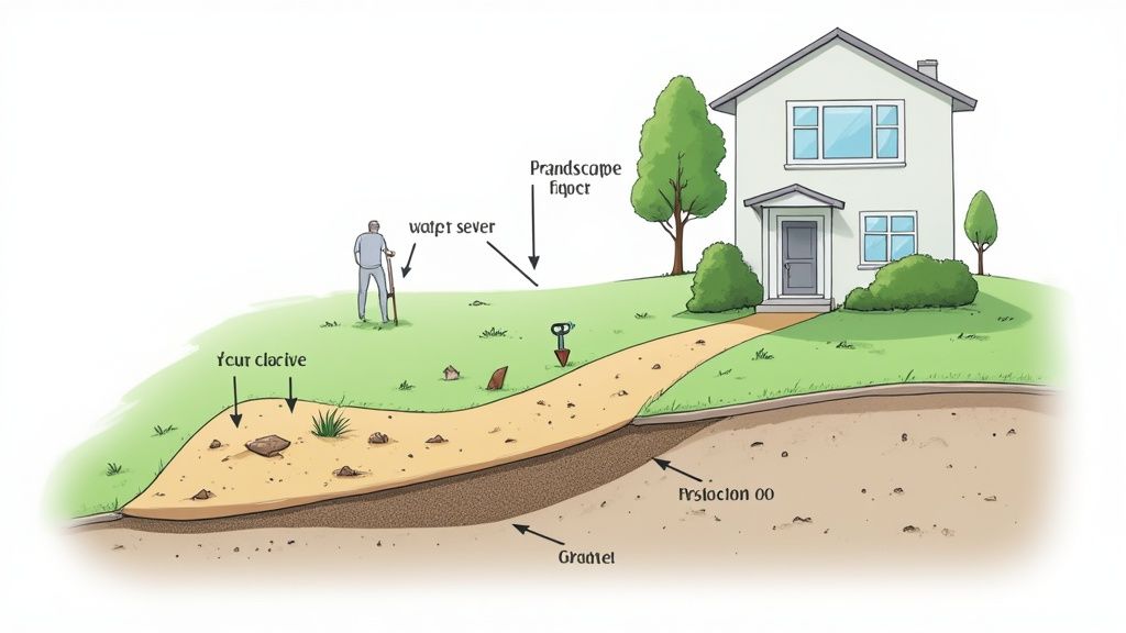 Cross-section diagram showing layers of landscape fabric, gravel, and soil for rock garden installation