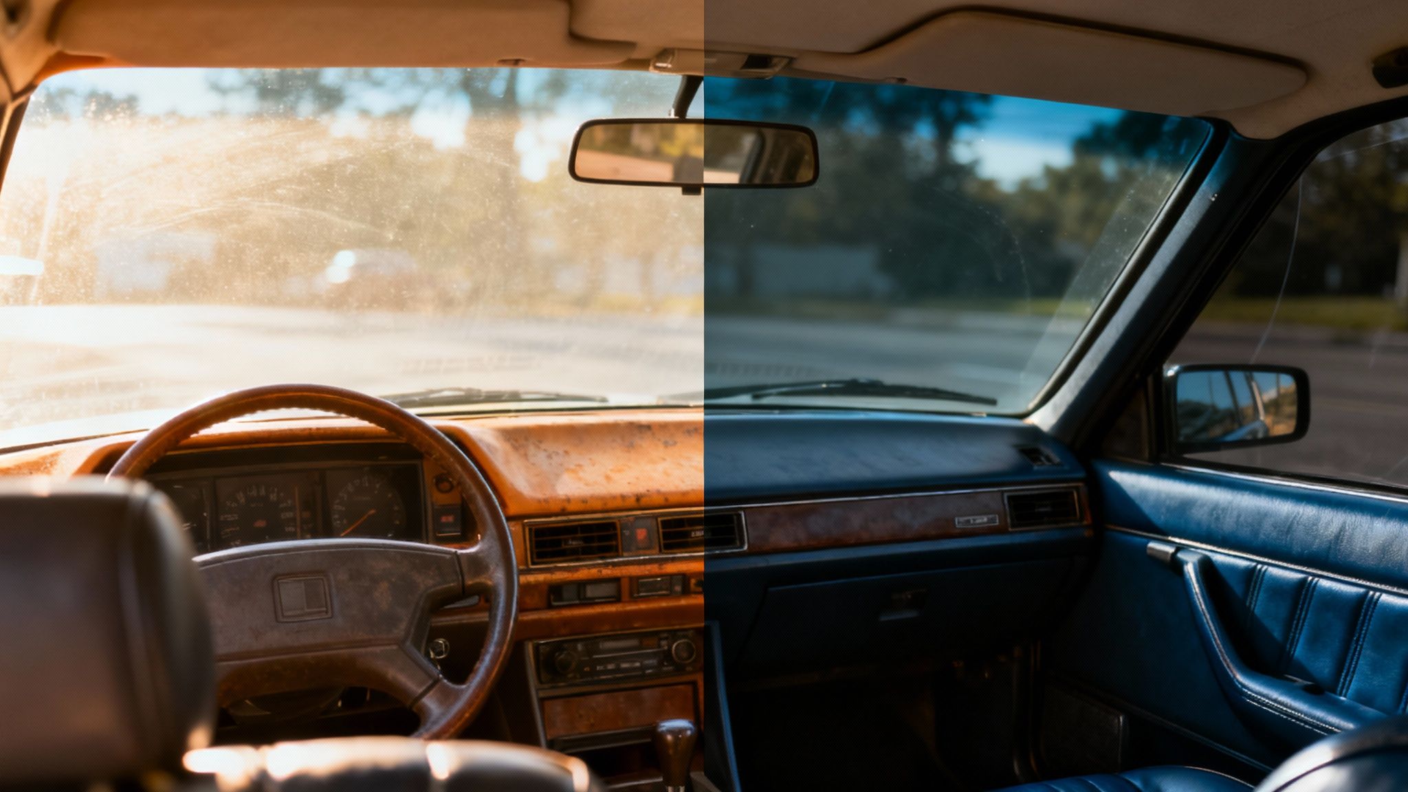 Side-by-side view inside a car comparing a dirty, yellow-tinted windshield with a clean, blue-tinted one.