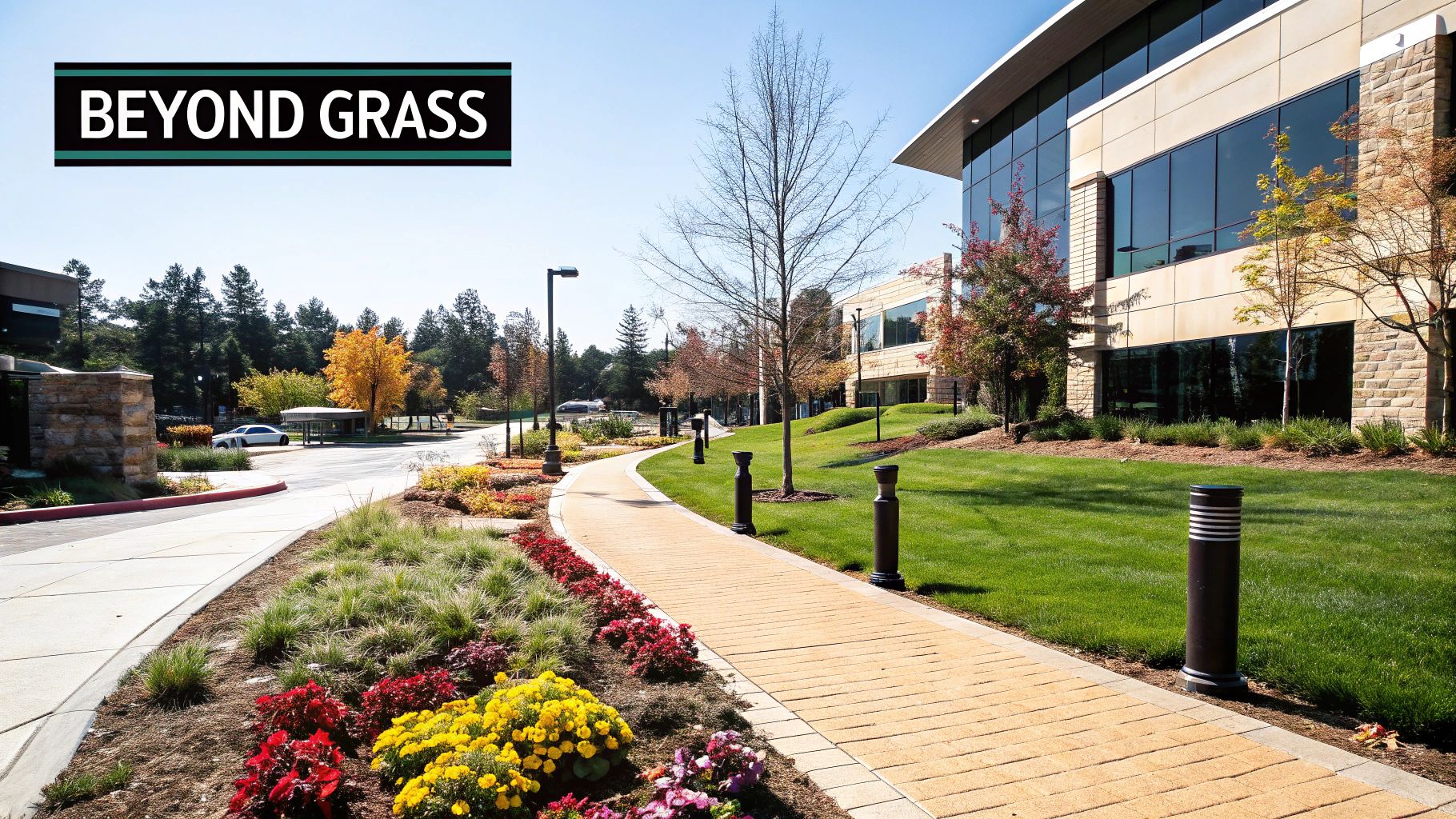 Colorful flower beds and well-maintained shrubs in front of a commercial building.