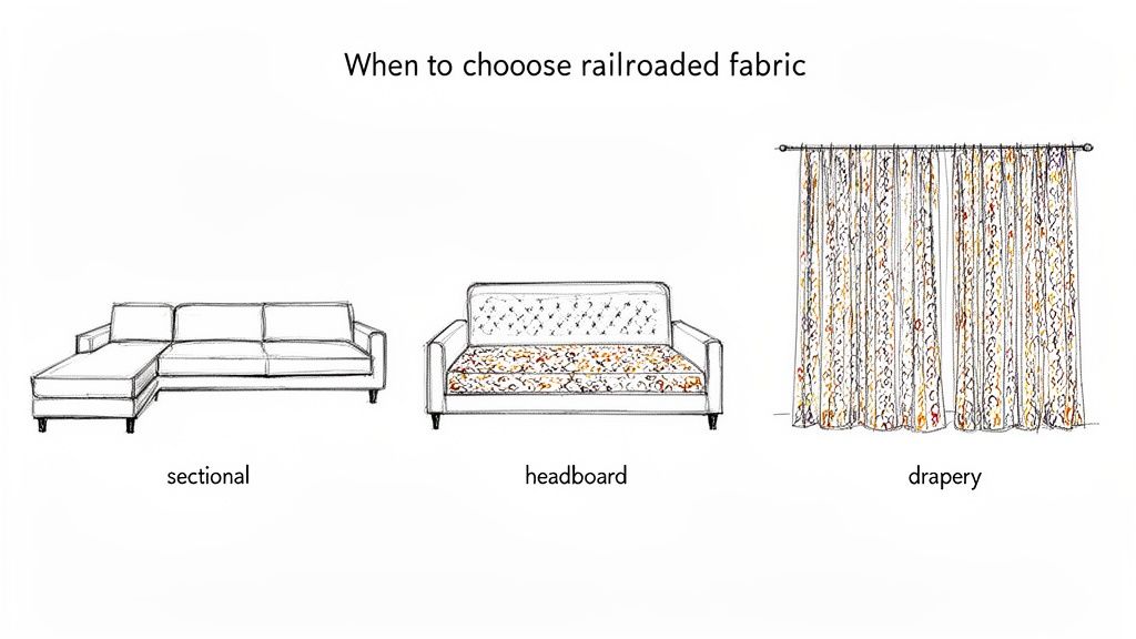 Illustrations showing when to choose railroaded fabric for a sectional sofa, headboard, and drapery.