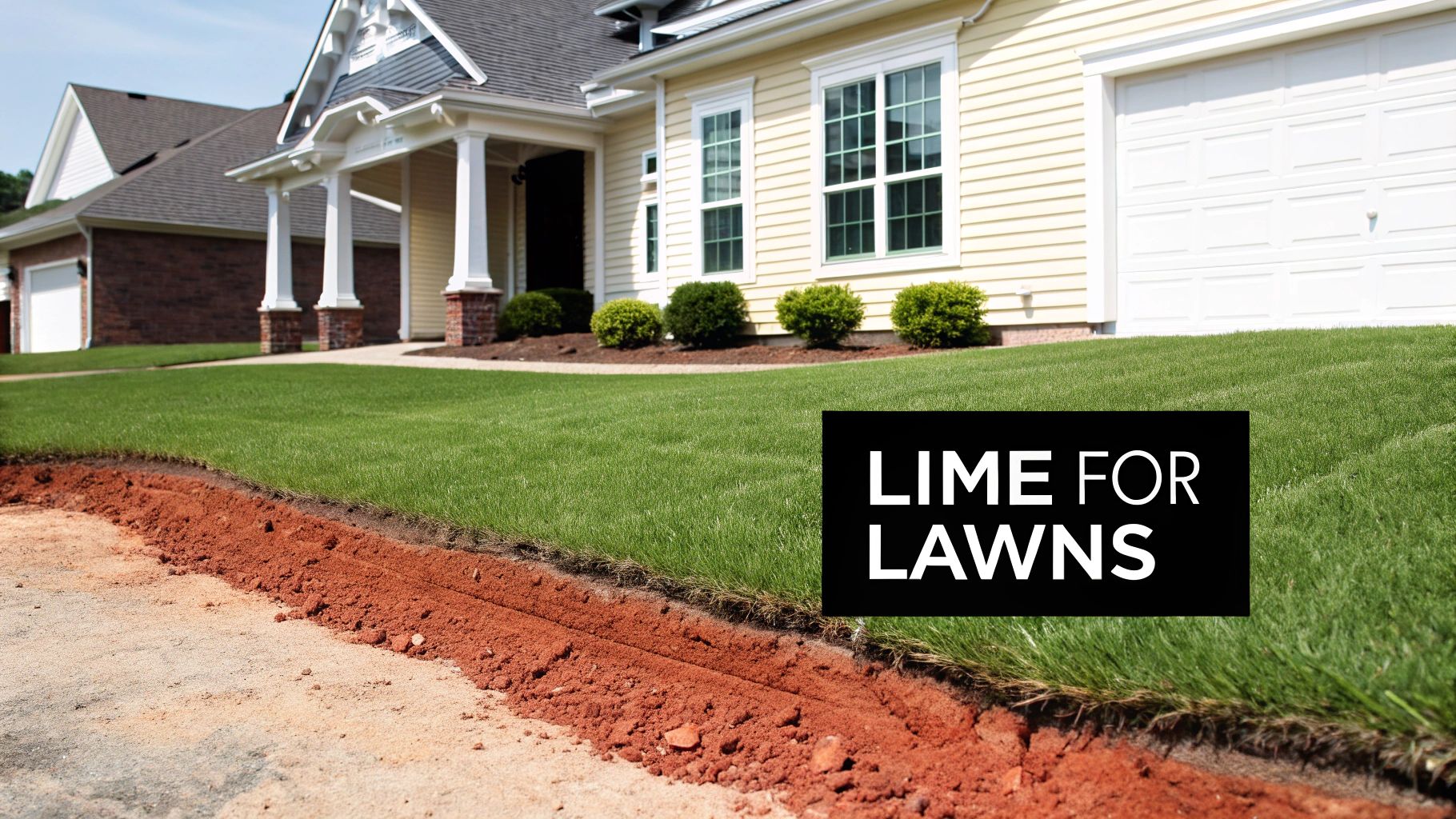A vibrant green lawn with a neatly dug edge next to a house, featuring a 'LIME FOR LAWNS' overlay.