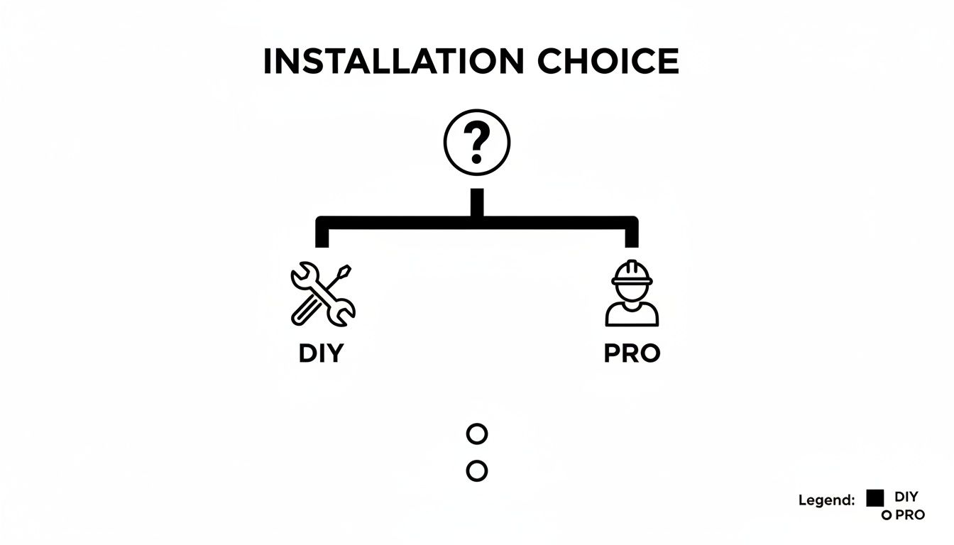 Flowchart showing two installation choices: Do It Yourself (DIY) with tools, or Professional (PRO) with a worker.