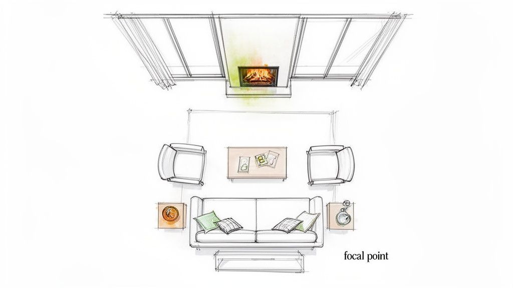 A detailed top-down sketch of a living room layout featuring a sofa, two chairs, coffee table, and a fireplace as the focal point.