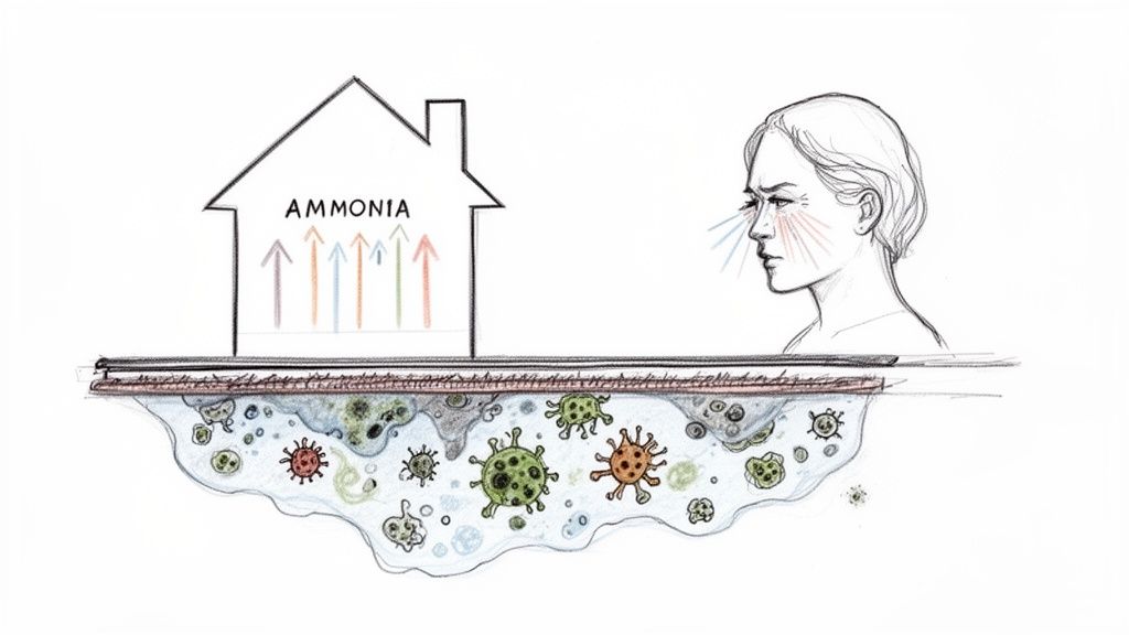 Illustration shows ammonia rising from subfloor microbes into a house, causing a person discomfort.