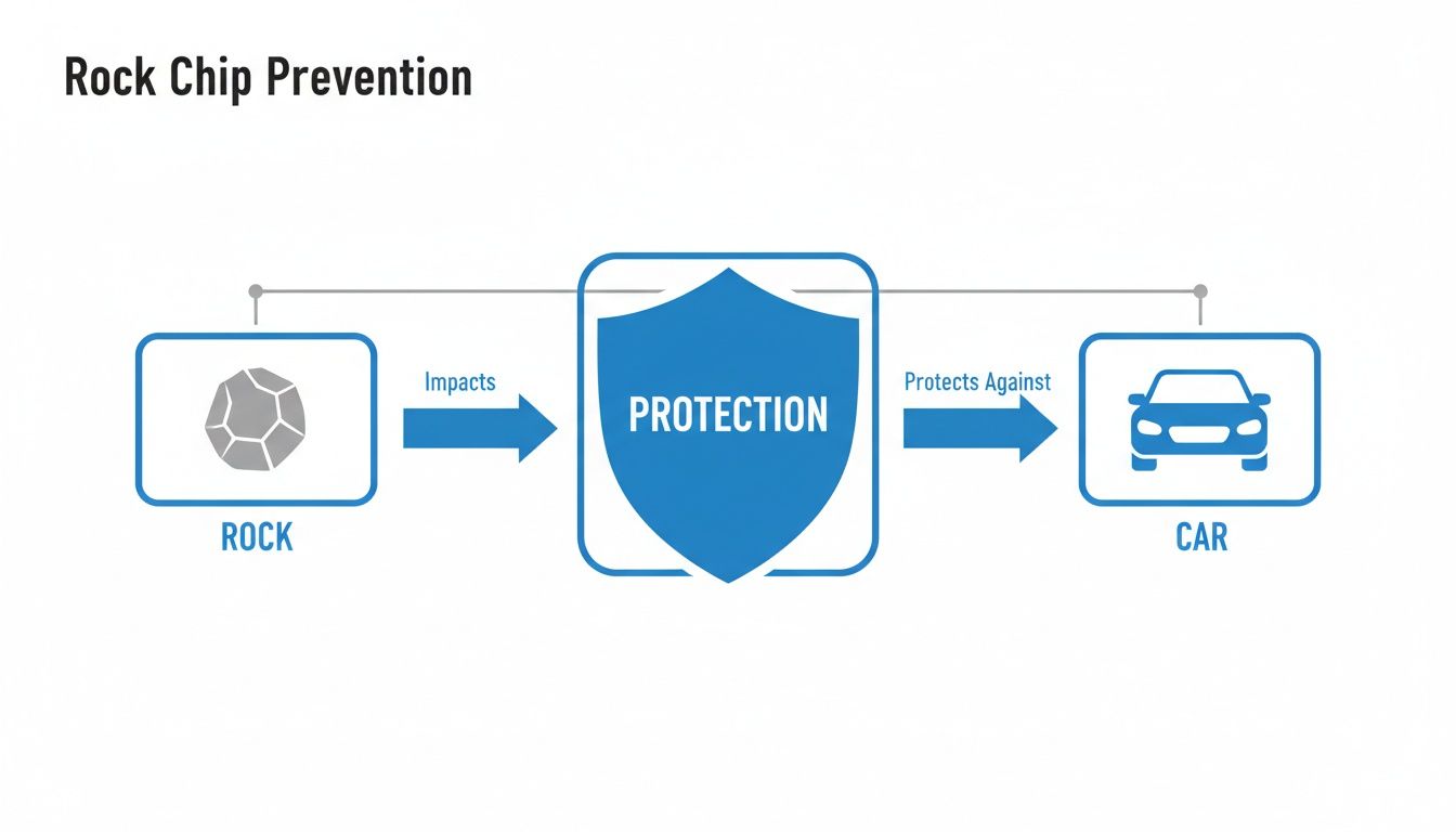 Diagram illustrating how automotive protection shields a car from damaging rock impacts and prevents rock chips.