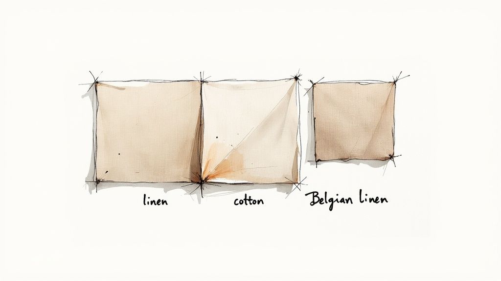 Watercolor illustration of linen, cotton, and Belgian linen fabric swatches on a white background.