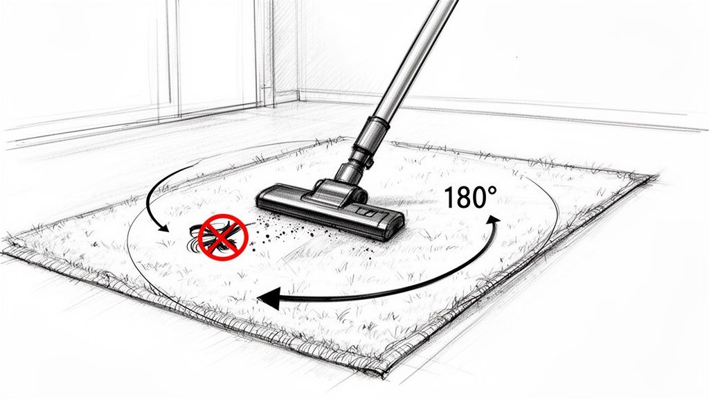 An illustration of a vacuum cleaner on a rug, demonstrating a 180-degree cleaning motion, avoiding tangled hair.