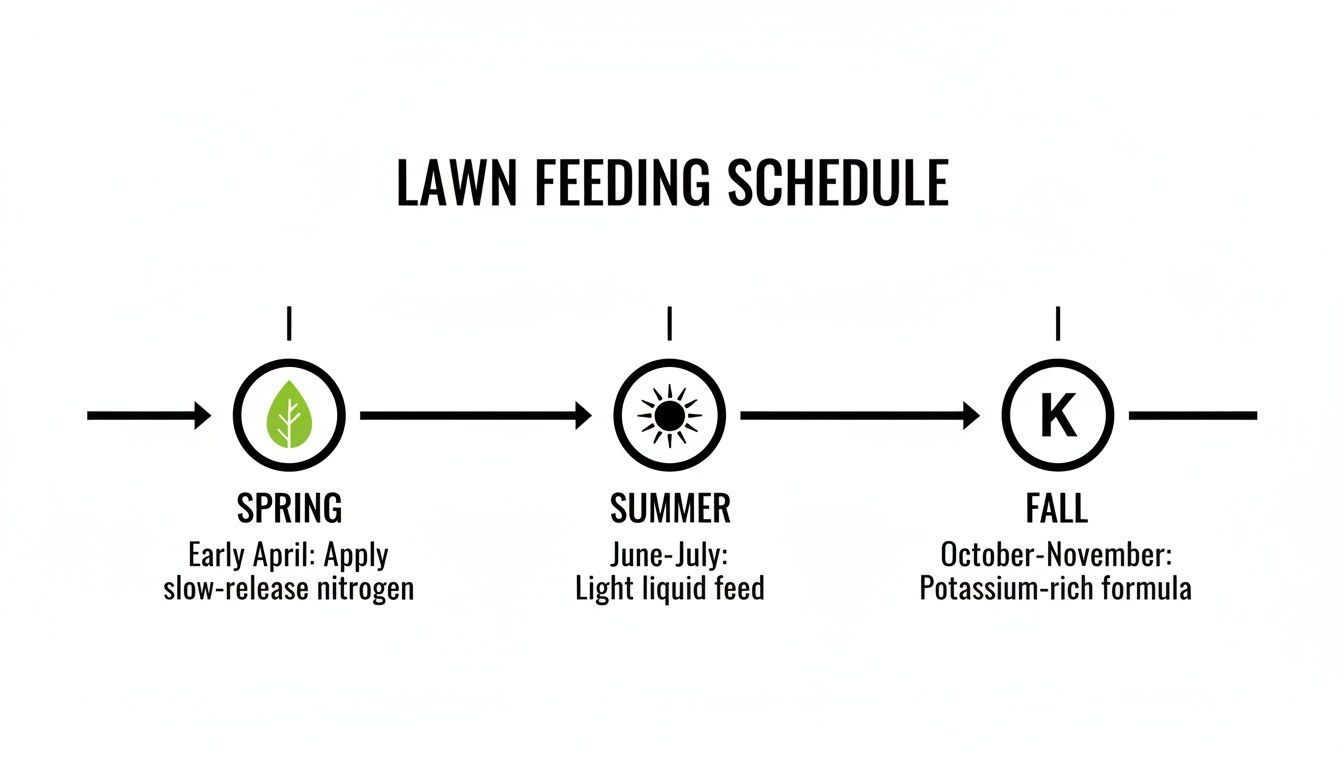 A timeline chart detailing a lawn feeding schedule for spring, summer, and fall seasons.