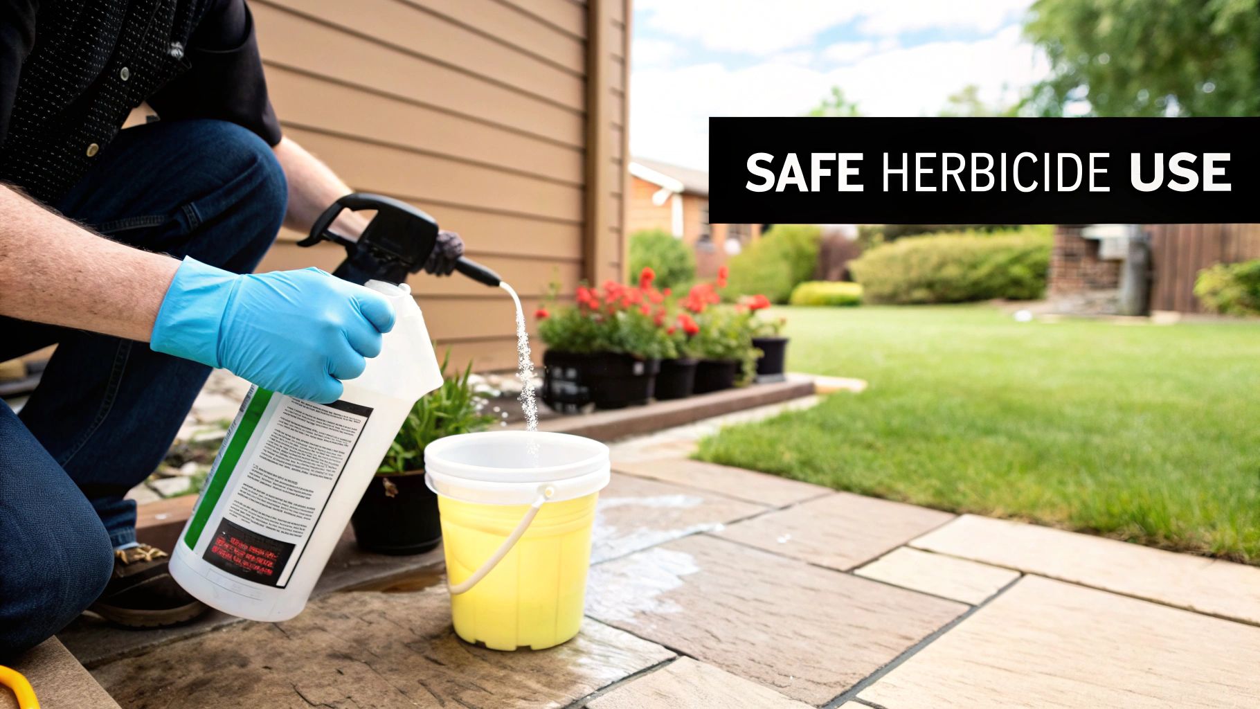 A lawn care professional safely spraying a lawn with a backpack sprayer.