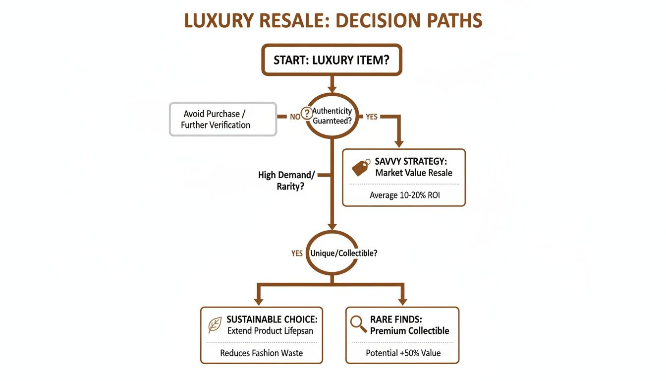 Flowchart outlining luxury resale decision paths, checking authenticity, demand, and collectibility for different outcomes.
