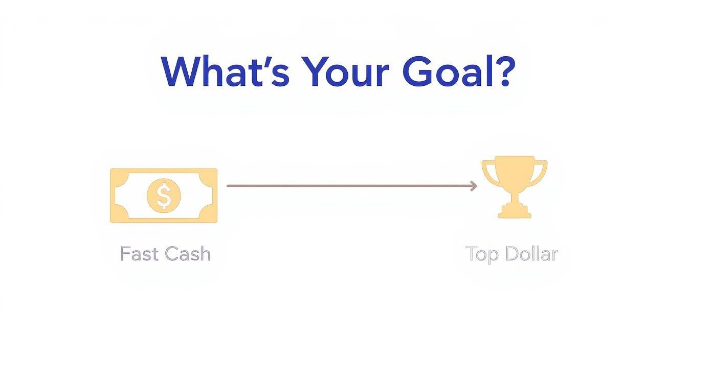 Illustration asking 'What's Your Goal?' contrasting 'Fast Cash' dollar bill with 'Top Dollar' trophy.