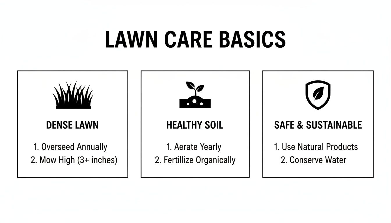 An infographic detailing essential lawn care basics for a dense lawn, healthy soil, and sustainable practices.