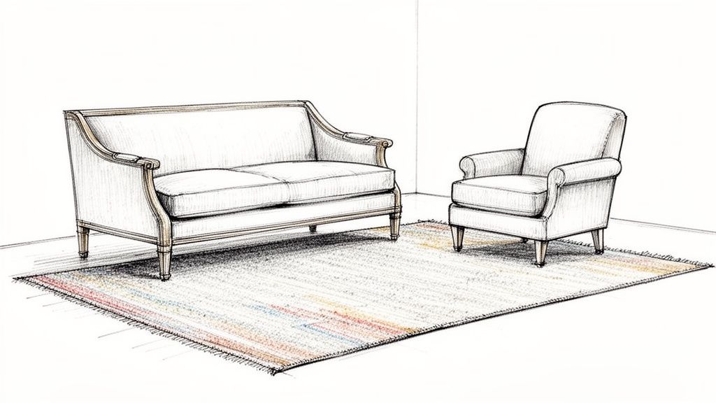 A detailed sketch of a classic white sofa and armchair on a patterned rug in a bright room.