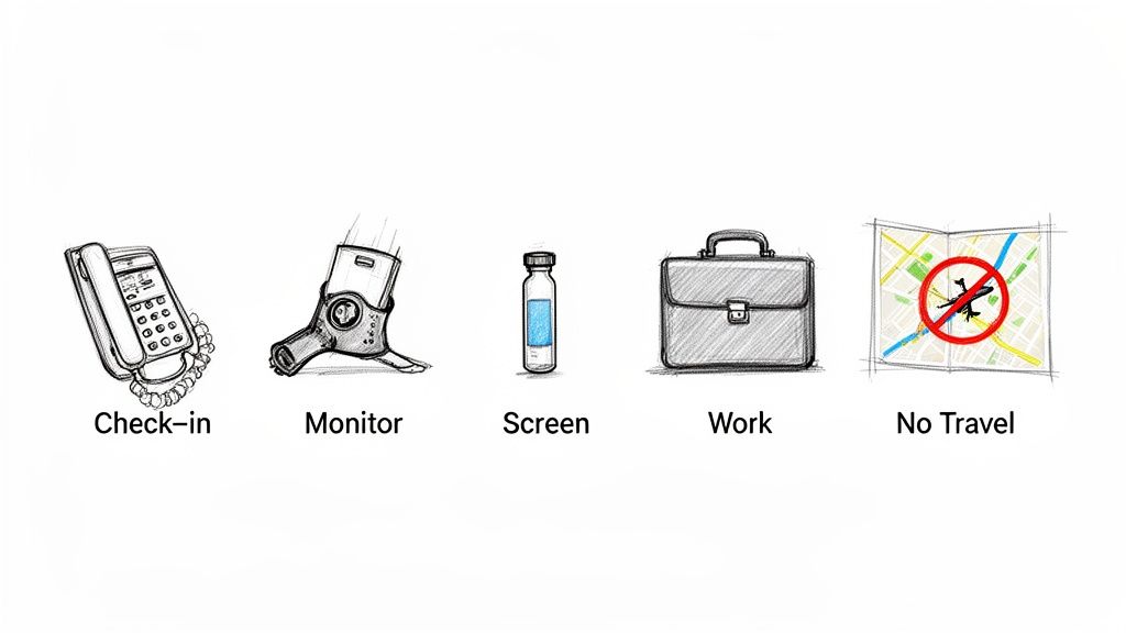 Illustrations of concepts related to pre-trial supervision: check-in, monitoring, screening, work, and no travel.