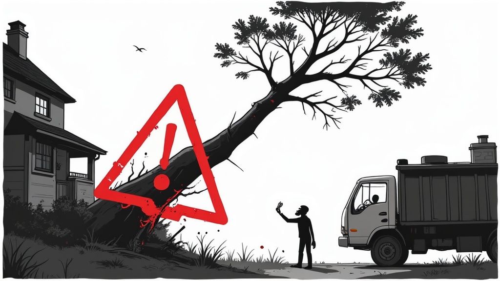 An arborist with full safety gear carefully assesses a large tree before removal.