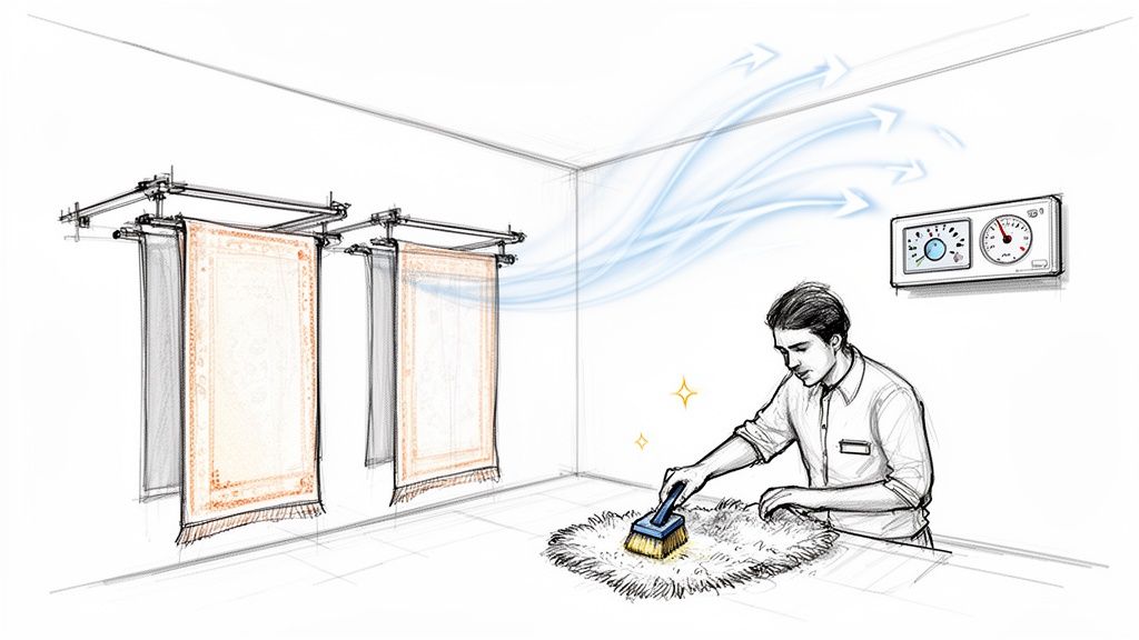 A man brushes a fluffy rug while other rugs dry on overhead racks in a cleaning room.