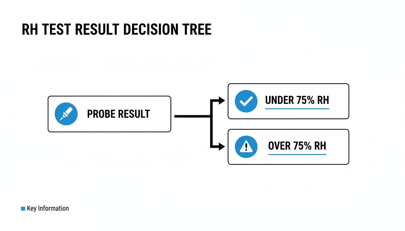 RH test result decision tree illustrating outcomes based on probe results: under or over 75% RH.